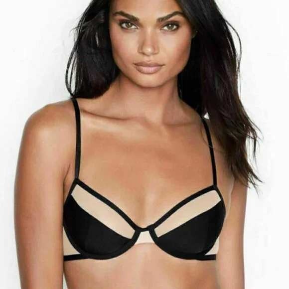 Victoria's Secret Other - Victoria's Secret Unlined Demi Bra Black‎ Beige Mesh Bow Detail 32D #21